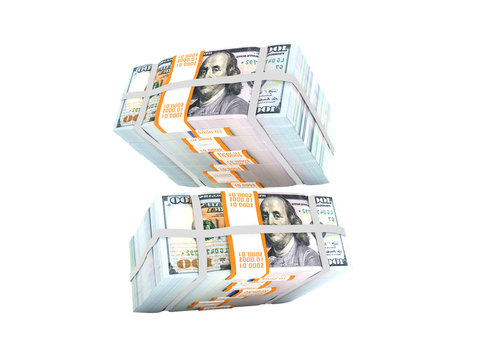 Stack Of Dollars Falling From Above 3d Rendering On White Background No Shadow