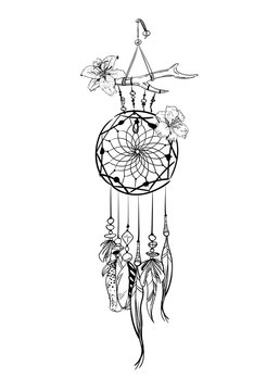 Monochrome vector illustration with hand drawn dream catcher. Ornate ethnic items, feathers, beads and flowers.