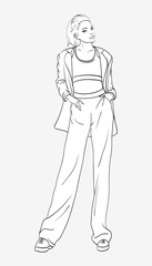 Stylish fashion model. Pretty young girl. Fashion girl Sketch