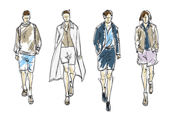 Fashion man. Set of fashionable men's sketches on a white background. Spring men.