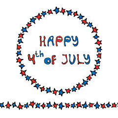 Happy USA Independence Day 4 th July Lettering in a Circle Frame of Stars. Endless Star Ribbon or Brush. Greeting card and poster Design. Realistic Hand Drawn Illustration. Savoyar Doodle Style.