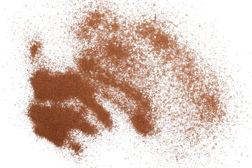 Fototapeta na wymiar Cinnamon powder, shavings isolated on white background, with top view