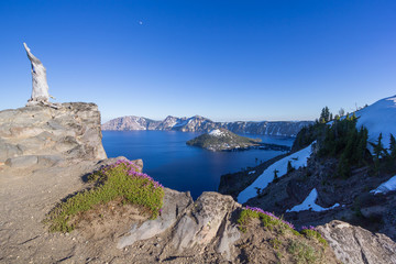 Beautiful scenery of Crater Lake and Wizard Island in summer as seen from the north rim, Oregon, USA