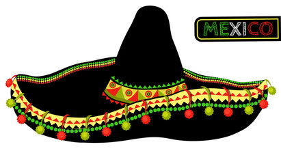 Mexican sombrero black with bright pattern and pompoms. Vector illustration.