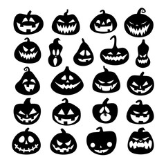 Fototapeta premium Set of Halloween scary pumpkins. Flat style spooky creepy pumpkins