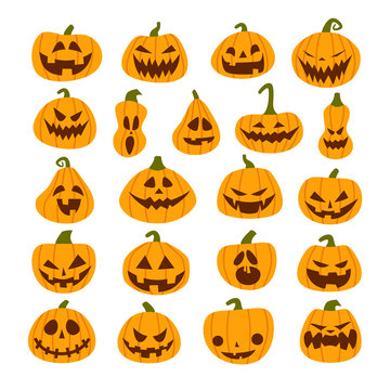 Set of Halloween scary pumpkins. Flat style spooky creepy pumpkins