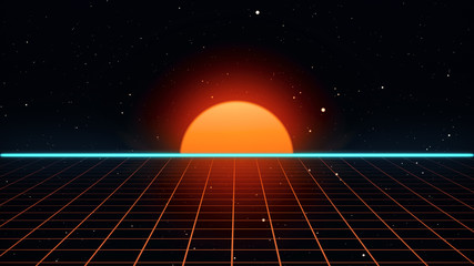 Retro futuristic 80s VHS tape video game intro landscape. Flight over the neon grid with sunrise and stars. Arcade vintage stylized sci-fi VJ motion 3d illustration in 4K