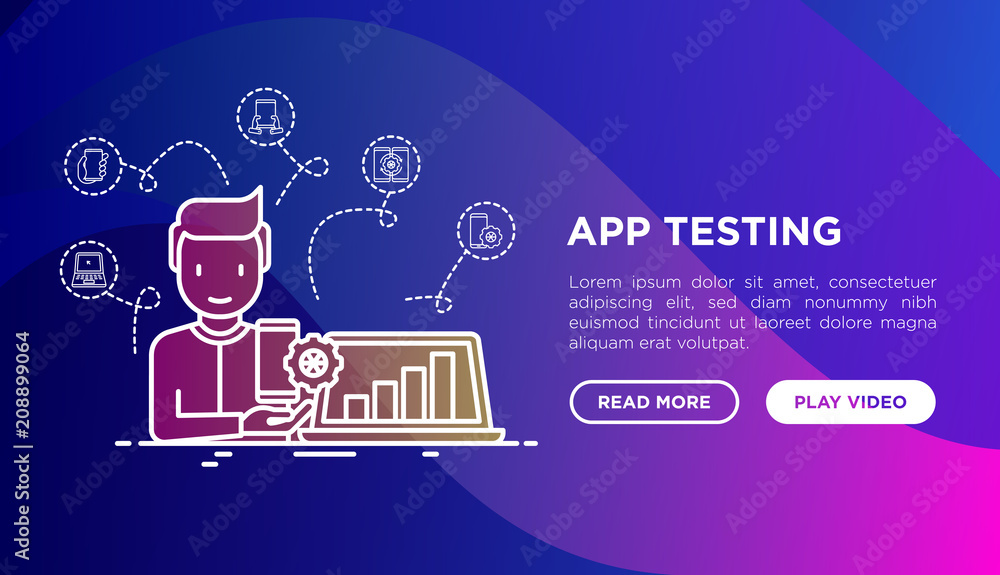 Poster app testing concept: man with laptop and thin line icons around: tablet in hands, mobile phone, mobi