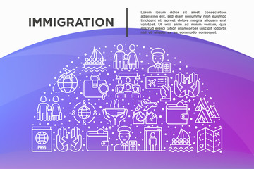 Immigration concept in half circle with thin line icons: immigrants, illegals, baggage examination, passport, international flights, customs, inspection, social benefit. Modern vector illustration.