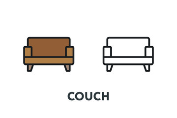 Leather Brown Sofa Couch Bed. Interior Furniture Concept. Minimal Color Flat Line Outline Stroke Icon.