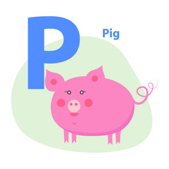 Cute Pink Pig on Alphabet Icon Character P Drawn