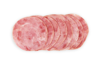 Sliced boiled ham sausage isolated on white background