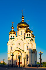 Beautiful view of the Transfiguration Cathedral. Sunset. Dome Shine. Russia, Khabarovsk.