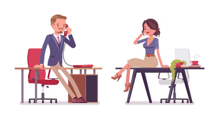 Male and female office secretary phone talking