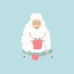 Cute Sheep with glasses is knitting. Sitting with hobby little adorable woolen animal cartoon. Vector illustration.