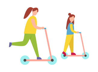 Mother and Daughter Riding Scooters Illustration