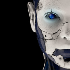 The head of a cyborg on a black background.