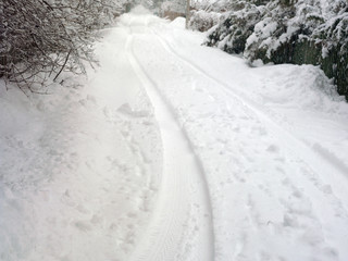 Fototapeta na wymiar Tire Tracks On Snow