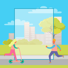 Rollerskating Man and Girl on Kick Scooter in Park