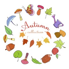 Set of Autumn color doodle icons.