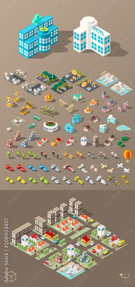 Poster build your own city . set of isolated minimal city vector elements on dark background
