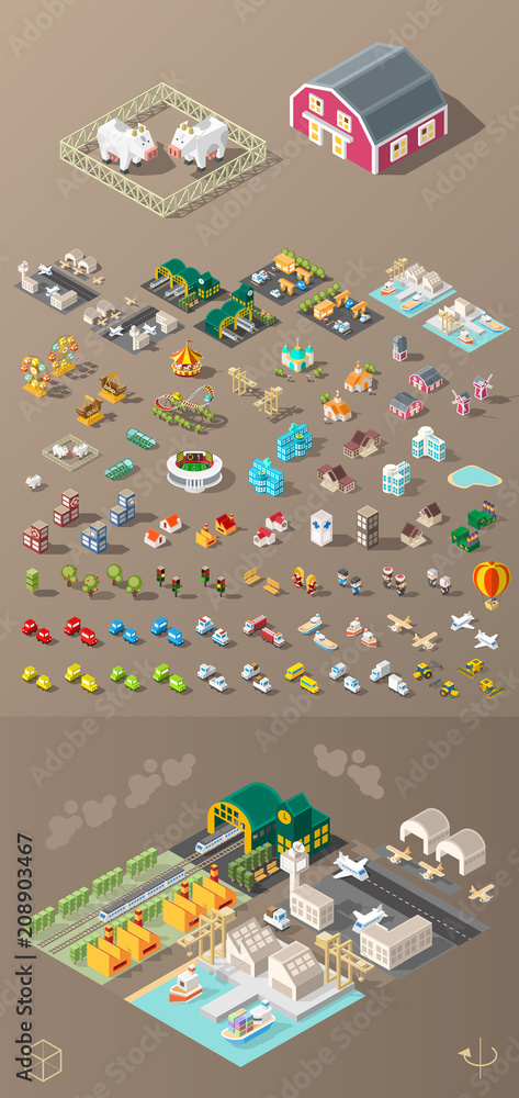 Poster build your own city . set of isolated minimal city vector elements on dark background