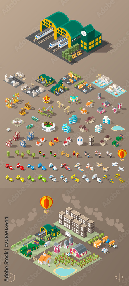 Poster build your own city . set of isolated minimal city vector elements on dark background