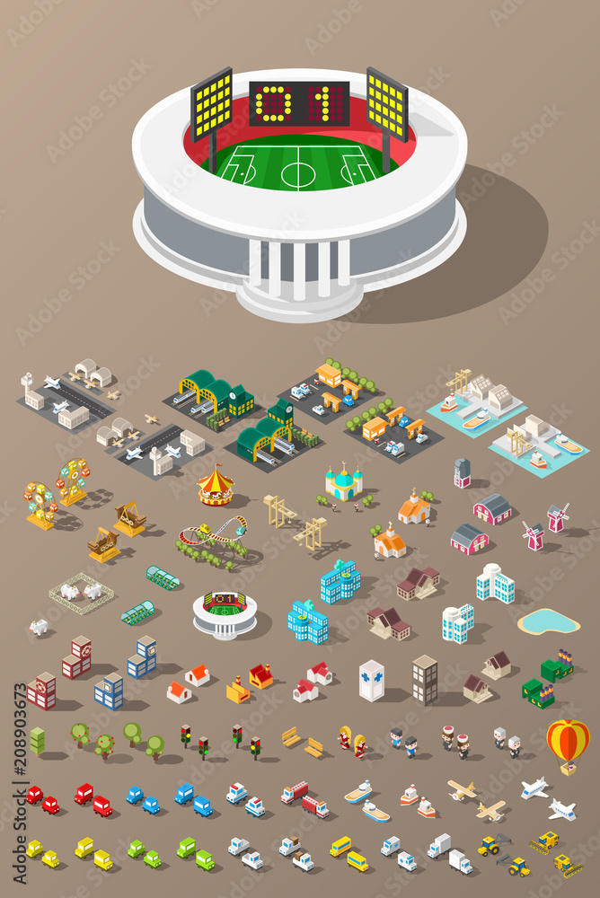 Aufkleber build your own city . set of isolated minimal city vector elements on dark background
