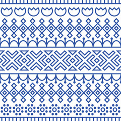 Seamless pattern inspired by scandinavian, finnish folk art. Nordic blue and white background. Repeated decoration, texture for fabric design.