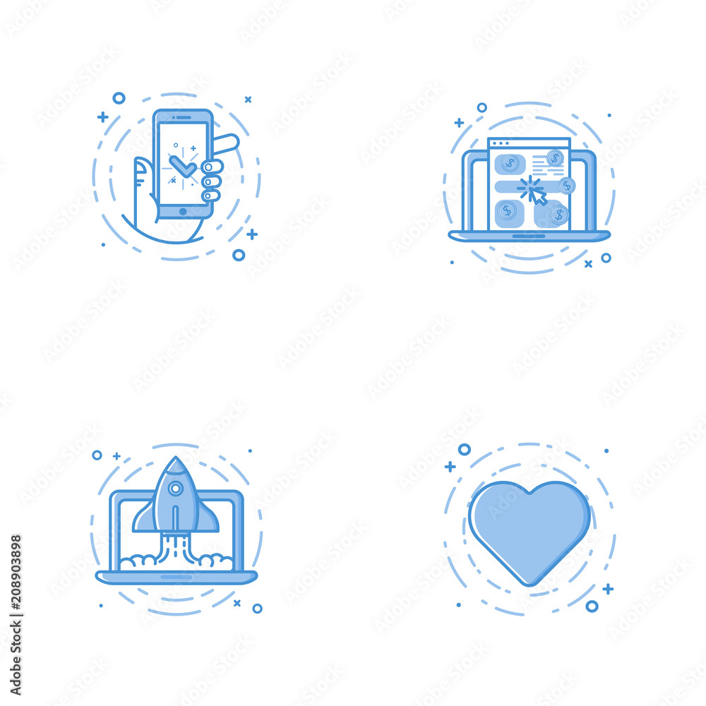 Poster vector business illustration in filled bold line style. set of outline icons with smartphone and han