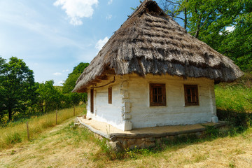 old natural style wooden cottage with straw roof in woodland landscape.