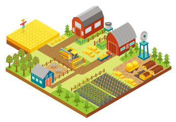Vector 3d isometric rural farm with mill, garden field, trees, tractor combine harvester, house, windmill and warehouse for app and game.