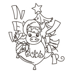 Happy New 2019 Year card with cartoon baby pig. Small symbol of holiday.