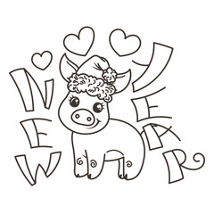 Happy New 2019 Year card with cartoon baby pig. Small symbol of holiday.