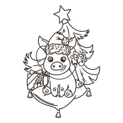 Happy New 2019 Year card with cartoon baby pig. Small symbol of holiday.