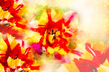 Red Yellow tulips and softly blurred watercolor background.