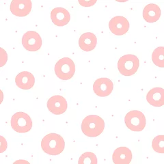 Wall murals Circles Repeating pink circles and round dots on white background. Cute geometric seamless pattern drawn by hand. Sketch, doodle.