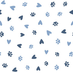 Repeated hearts and footprints of pets. Cute seamless pattern for animals. - 208904481