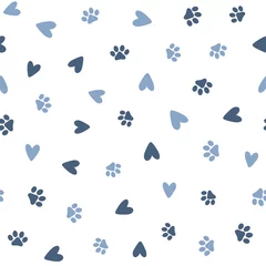 Repeated hearts and footprints of pets. Cute seamless pattern for animals.