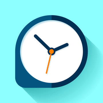 Clock icon in flat style, round timer on blue background. Simple business watch. Vector design element for you project