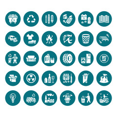 Recycling flat glyph icons. Pollution, recycle plant. Garbage sorting types - paper, glass, plastic, metal, flammable trash. Thin linear signs waste management. Solid silhouette pixel perfect 64x64.