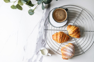 Homemade croissant with sugar powder on cooling rack. Breakfast with cup of coffee, jug of milk. Decorated by eucalyptus branch over white marble background. Flat lay, space.
