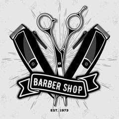 Barber shop vintage label, badge, or emblem with scissors and hair clipper on gray background. Haircuts and shaves. Vector illustration - obrazy, fototapety, plakaty