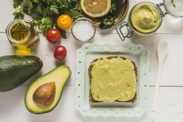 Fresh Avocado Spread Guacamole as Healthy Breakfast on White Background