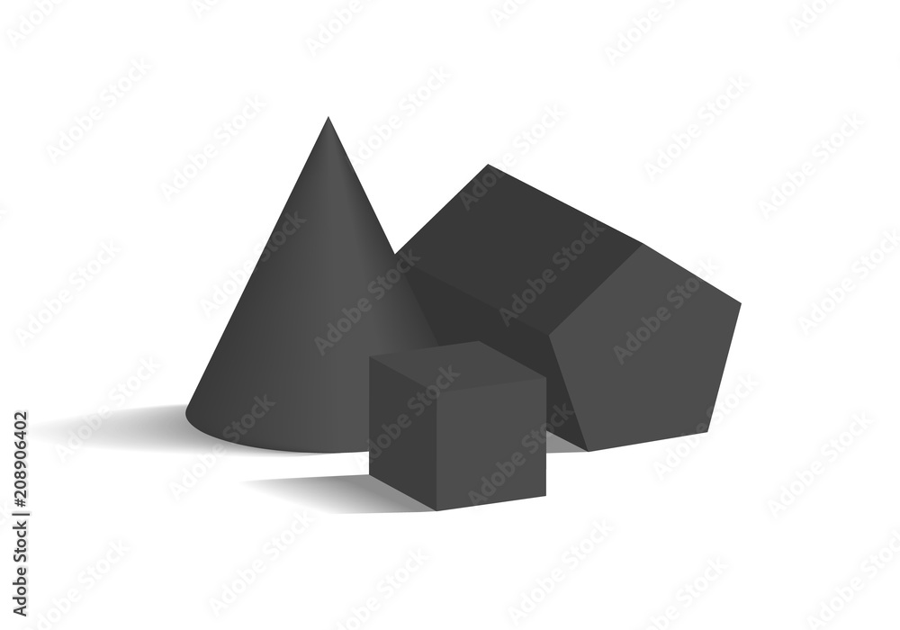Poster cone pentagonal prism and cube 3d geometric shapes