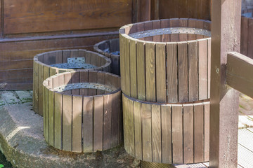 set of empty wooden flower pots for garden decoration