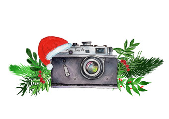 Watercolor Christmas bouquet with camera. - 208906460