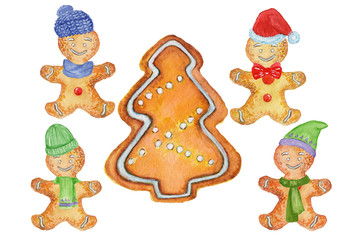 Hand painted watercolor set of christmas decor and food.