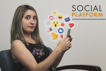 woman using her Mobile Phone, white Background, Internet Social Media Network Digital