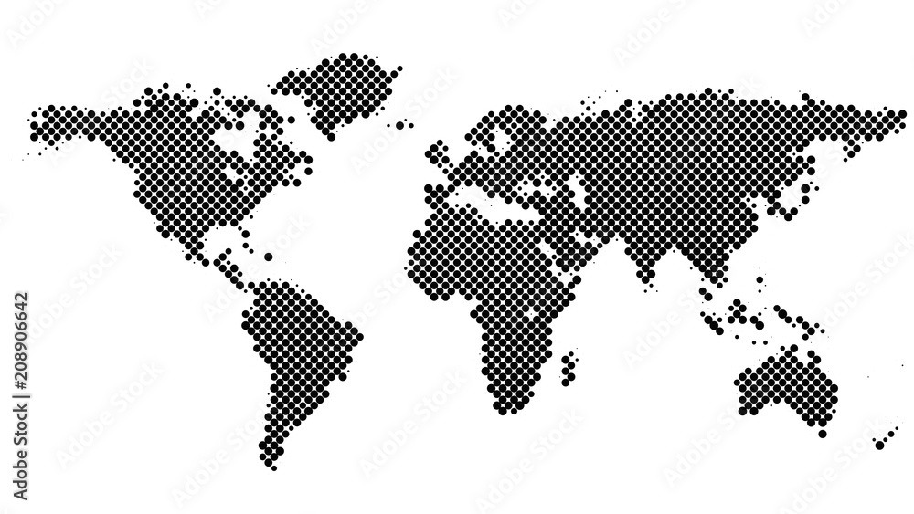 Poster halftone dot pattern world map background - vector graphic design